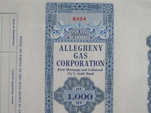 1928 Allegheny Gas Corporation, $1000 Gold Bond and Share Certificate 484