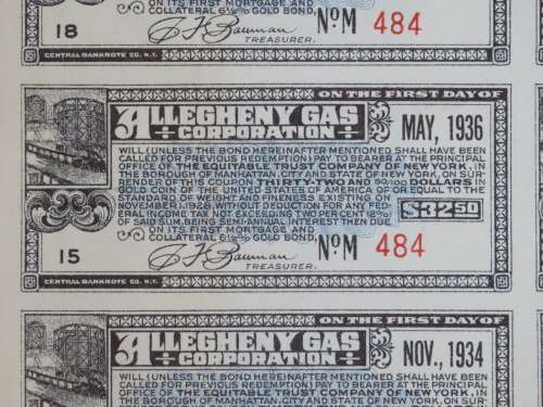 1928 Allegheny Gas Corporation, $1000 Gold Bond and Share Certificate 484