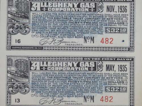 1928 Allegheny Gas Corporation, $1000 Gold Bond and Share Certificate 482