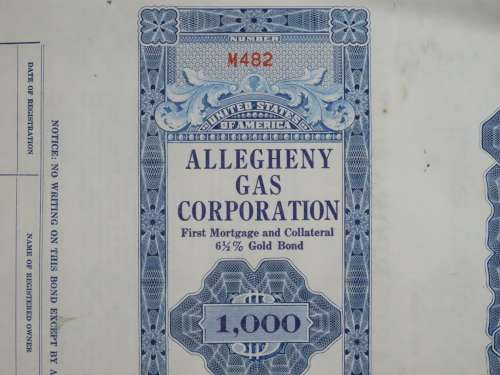 1928 Allegheny Gas Corporation, $1000 Gold Bond and Share Certificate 482