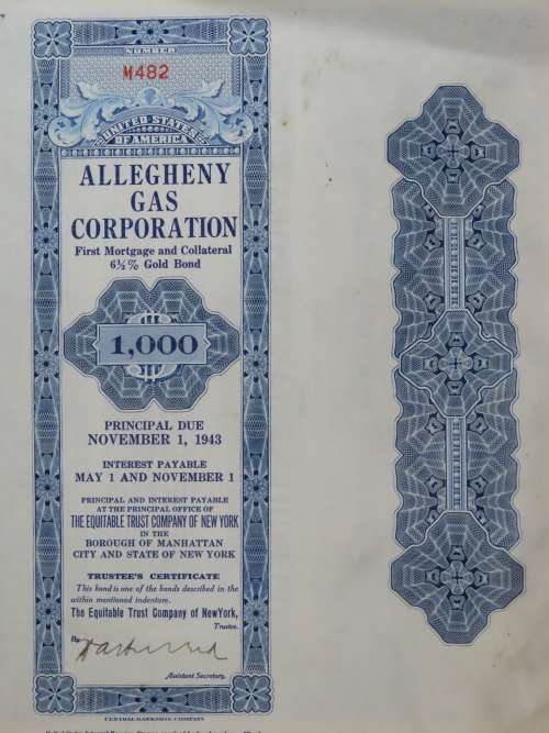 1928 Allegheny Gas Corporation, $1000 Gold Bond and Share Certificate 482