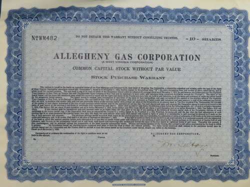 1928 Allegheny Gas Corporation, $1000 Gold Bond and Share Certificate 482