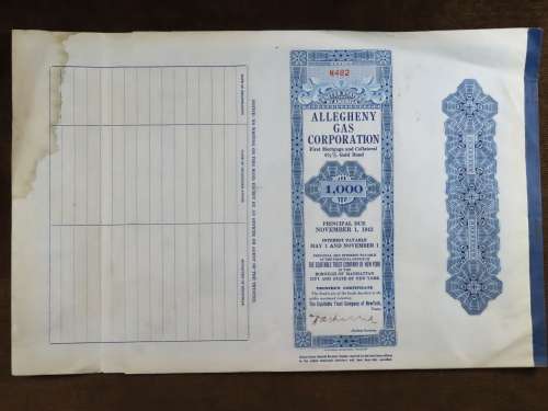 1928 Allegheny Gas Corporation, $1000 Gold Bond and Share Certificate 482