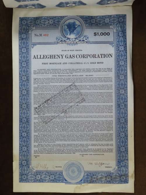 1928 Allegheny Gas Corporation, $1000 Gold Bond and Share Certificate 482