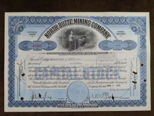 1929 North Butte Mining Company, Stock Certificate, 50 Shares , F9862