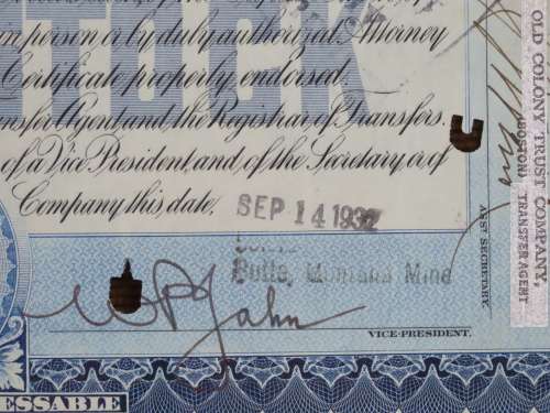 1932 North Butte Mining Company, Stock Certificate, 20 Shares , F13554