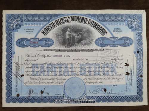 1929 North Butte Mining Company, Stock Certificate, 20 Shares , F8964