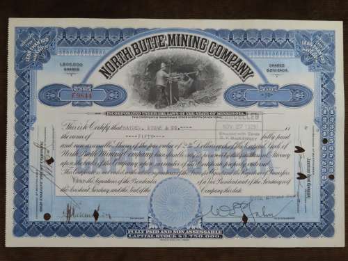 1929 North Butte Mining Company, Stock Certificate, 50 Shares , F9844