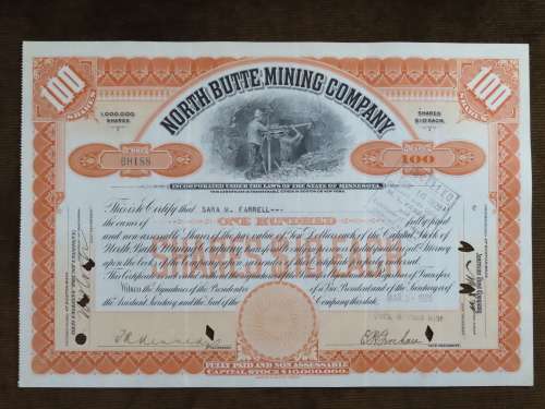 1926 North Butte Mining Company, Stock Certificate, 100 Shares , BH188