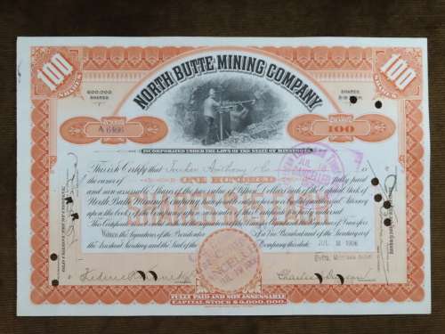 1906 North Butte Mining Company, Stock Certificate, 100 Shares , A6466