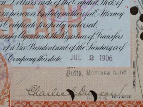 1906 North Butte Mining Company, Stock Certificate, 100 Shares , A6466