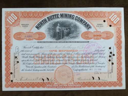 1906 North Butte Mining Company, Stock Certificate, 100 Shares , A6265