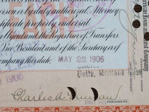 1906 North Butte Mining Company, Stock Certificate, 100 Shares , A6265