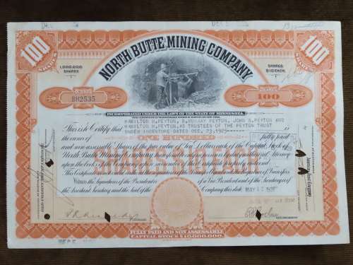1926 North Butte Mining Company, Stock Certificate, 100 Shares , BH2535