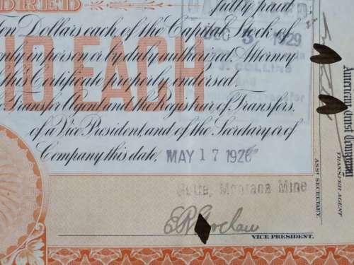 1926 North Butte Mining Company, Stock Certificate, 100 Shares , BH2535