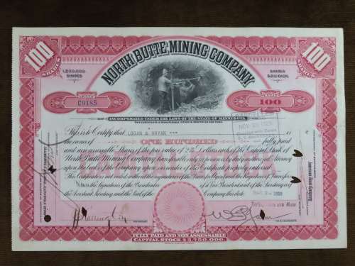 1929 North Butte Mining Company, Stock Certificate, 100 Shares , C9185
