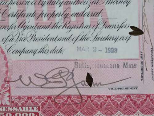 1929 North Butte Mining Company, Stock Certificate, 100 Shares , C9185