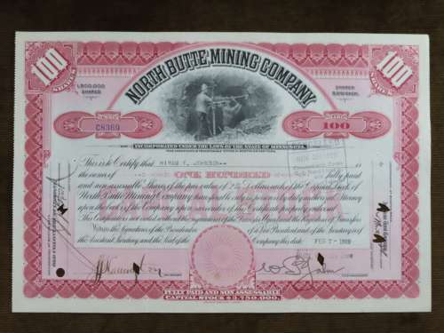1929 North Butte Mining Company, Stock Certificate, 100 Shares , C8369