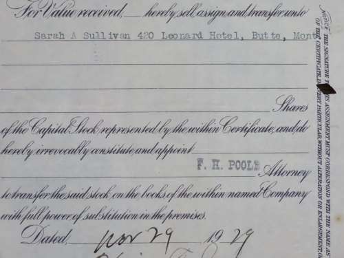 1929 North Butte Mining Company, Stock Certificate, 100 Shares , C8369
