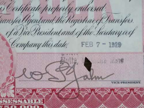1929 North Butte Mining Company, Stock Certificate, 100 Shares , C8369