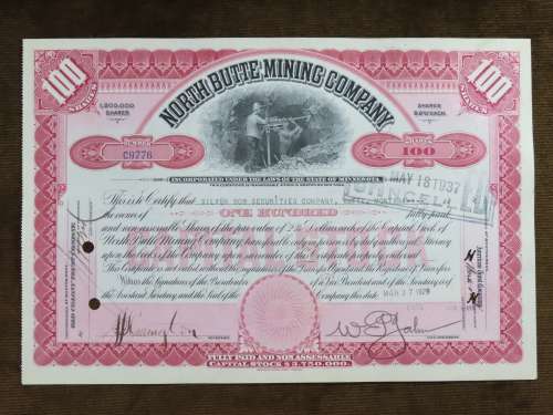 1929 North Butte Mining Company, Stock Certificate, 100 Shares , C9776