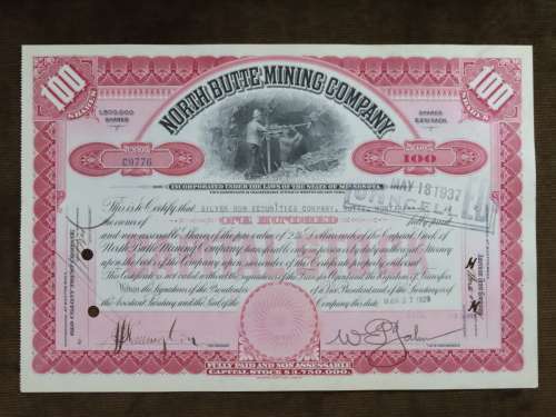 1929 North Butte Mining Company, Stock Certificate, 100 Shares , C9776