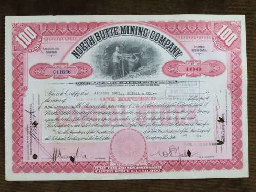 1929 North Butte Mining Company, Stock Certificate, 100 Shares , C11656