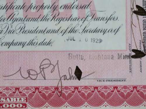 1929 North Butte Mining Company, Stock Certificate, 100 Shares , C11656