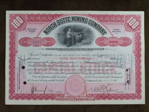 1929 North Butte Mining Company, Stock Certificate, 100 Shares , C9775