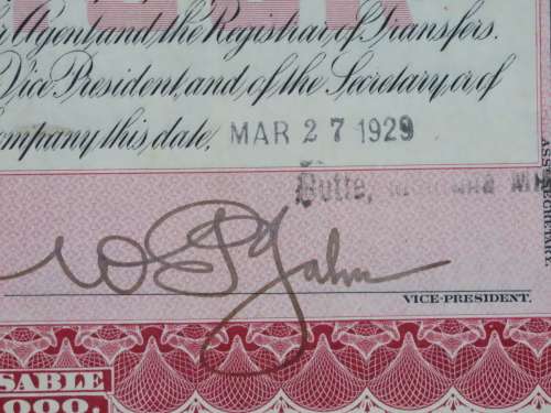 1929 North Butte Mining Company, Stock Certificate, 100 Shares , C9775