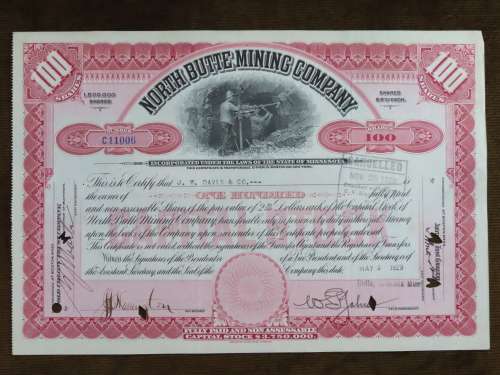 1929 North Butte Mining Company, Stock Certificate, 100 Shares , C11006