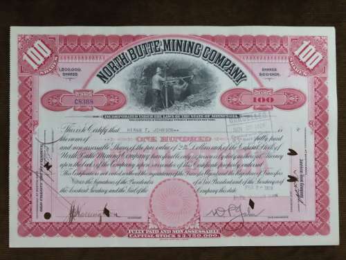 1929 North Butte Mining Company, Stock Certificate, 100 Shares , C8368