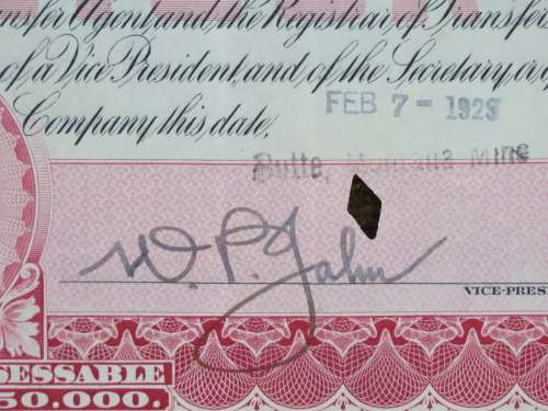 1929 North Butte Mining Company, Stock Certificate, 100 Shares , C8368