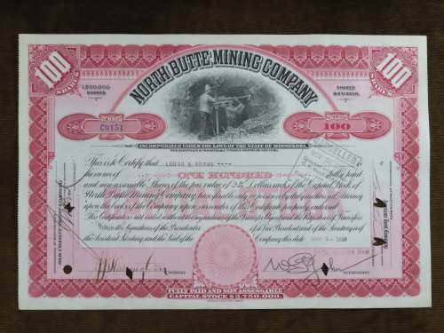 1929 North Butte Mining Company, Stock Certificate, 100 Shares , C9151