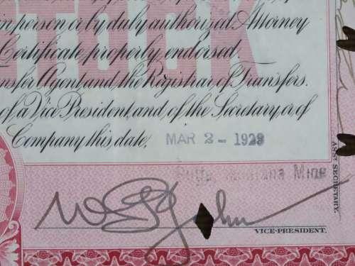 1929 North Butte Mining Company, Stock Certificate, 100 Shares , C9151