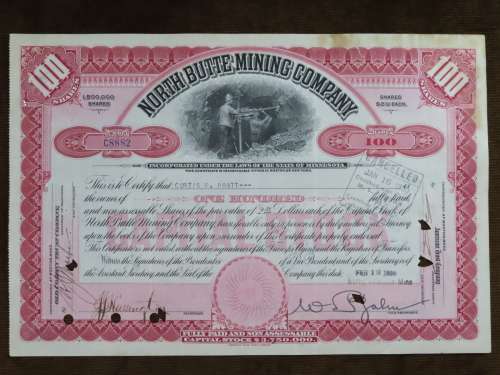 1928 North Butte Mining Company, Stock Certificate, 100 Shares , C8882