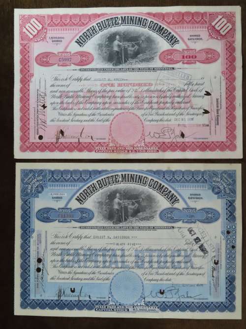 1930 Set of 2 North Butte Mining Company, Stock Certificate, 125 Shares , C5997