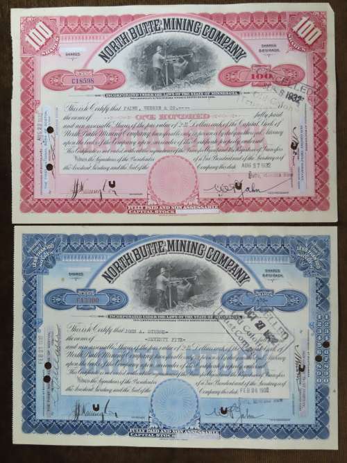 1932 Set of 2 North Butte Mining Company, Stock Certificate, 175 Shares , C18598