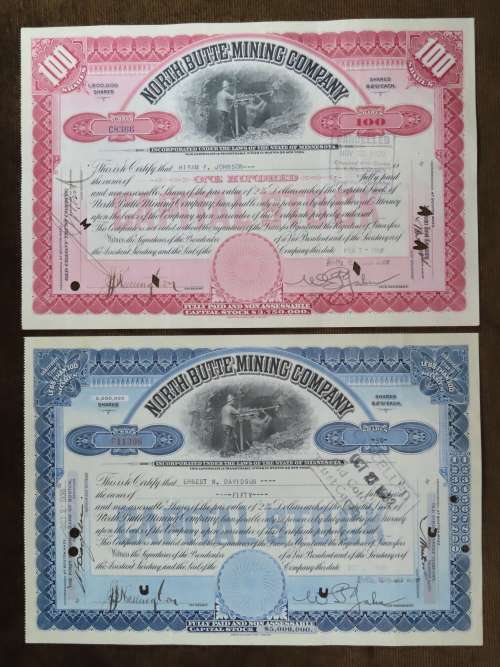 1930 Set of 2 North Butte Mining Company, Stock Certificate, 150 Shares , C8366