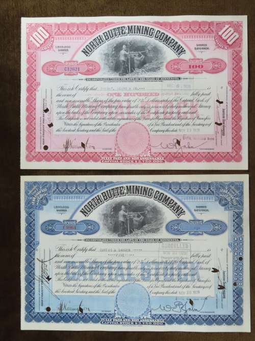 1929 Set of 2 North Butte Mining Company, Stock Certificate, 105 Shares , C12621