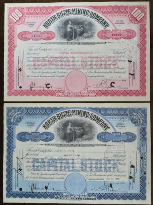 1929 Set of 2 North Butte Mining Company, Stock Certificate, 150 Shares , C11537