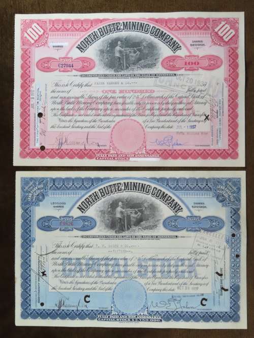 1937 Set of 2 North Butte Mining Company, Stock Certificate, 115 Shares , C27944