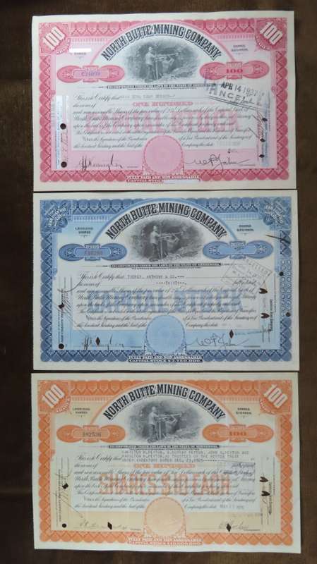 1936 Set of 3 North Butte Mining Company, Stock Certificate, 230 Shares , C24099