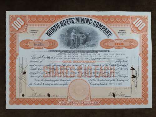 1936 Set of 3 North Butte Mining Company, Stock Certificate, 230 Shares , C24099