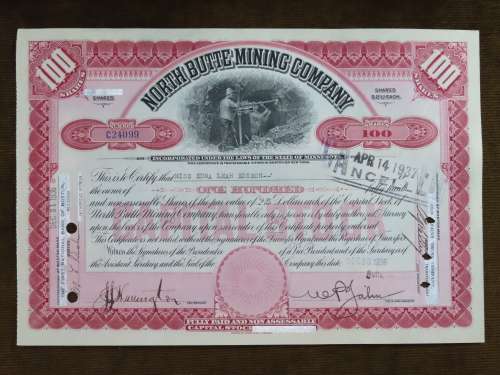 1936 Set of 3 North Butte Mining Company, Stock Certificate, 230 Shares , C24099