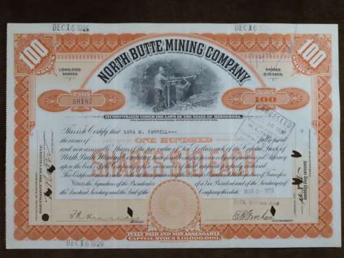 1936 Set of 3 North Butte Mining Company, Stock Certificate, 220 Shares , C24098
