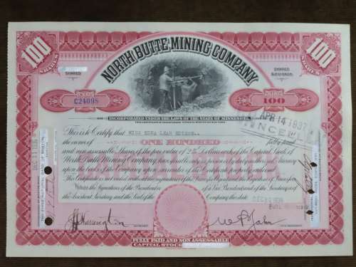 1936 Set of 3 North Butte Mining Company, Stock Certificate, 220 Shares , C24098