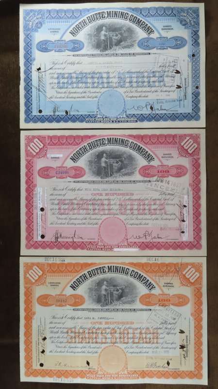 1936 Set of 3 North Butte Mining Company, Stock Certificate, 220 Shares , C24098