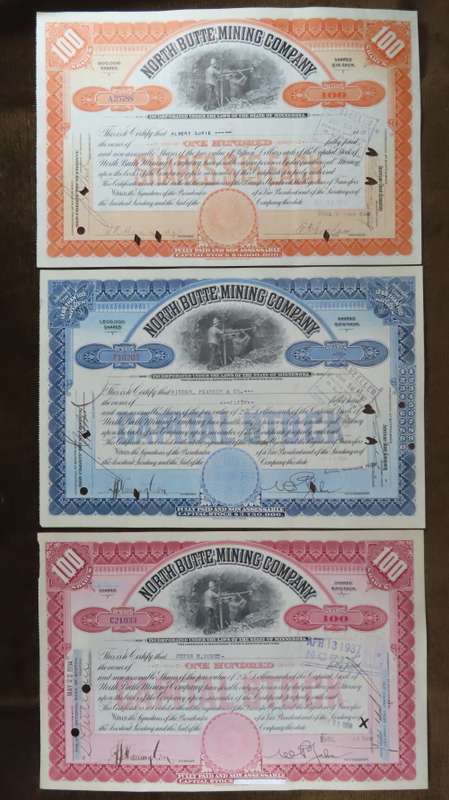 1917 Set of 3 North Butte Mining Company, Stock Certificate, 250 Shares , C21033