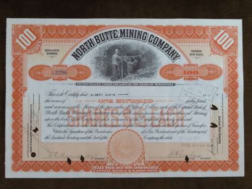 1917 Set of 3 North Butte Mining Company, Stock Certificate, 250 Shares , C21033